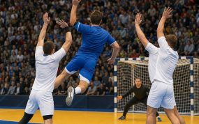Un lateral salta para lanzar a portería ante el bloqueo de dos defensores en un partido de balonmano