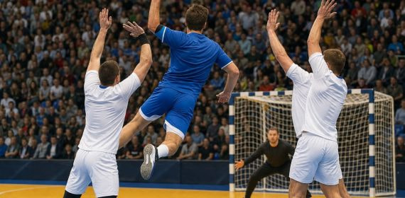 Un lateral salta para lanzar a portería ante el bloqueo de dos defensores en un partido de balonmano