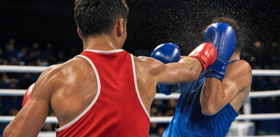 Un boxeador de rojo, de espaldas, conecta un directo a su rival de azul, que se cubre en un ring de competición
