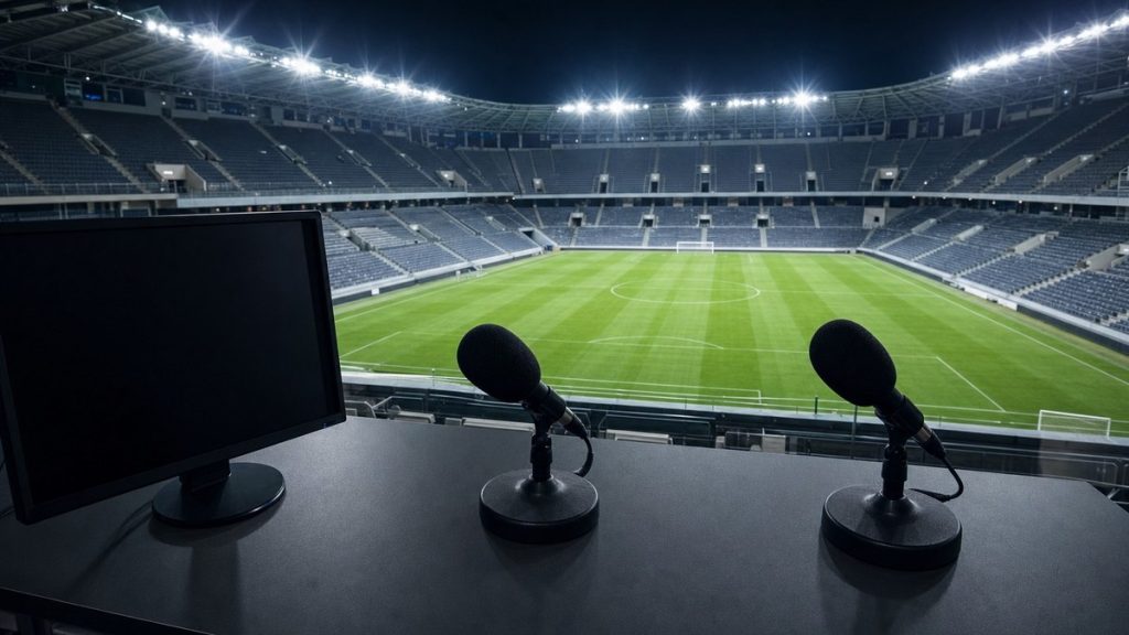 Una cabina de comentaristas con dos micrófonos sobre la mesa y el campo de fútbol iluminado y vacío al fondo