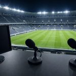 Una cabina de comentaristas con dos micrófonos sobre la mesa y el campo de fútbol iluminado y vacío al fondo