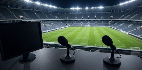 Una cabina de comentaristas con dos micrófonos sobre la mesa y el campo de fútbol iluminado y vacío al fondo