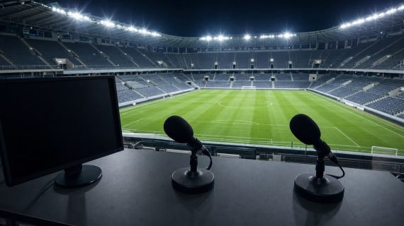 Una cabina de comentaristas con dos micrófonos sobre la mesa y el campo de fútbol iluminado y vacío al fondo