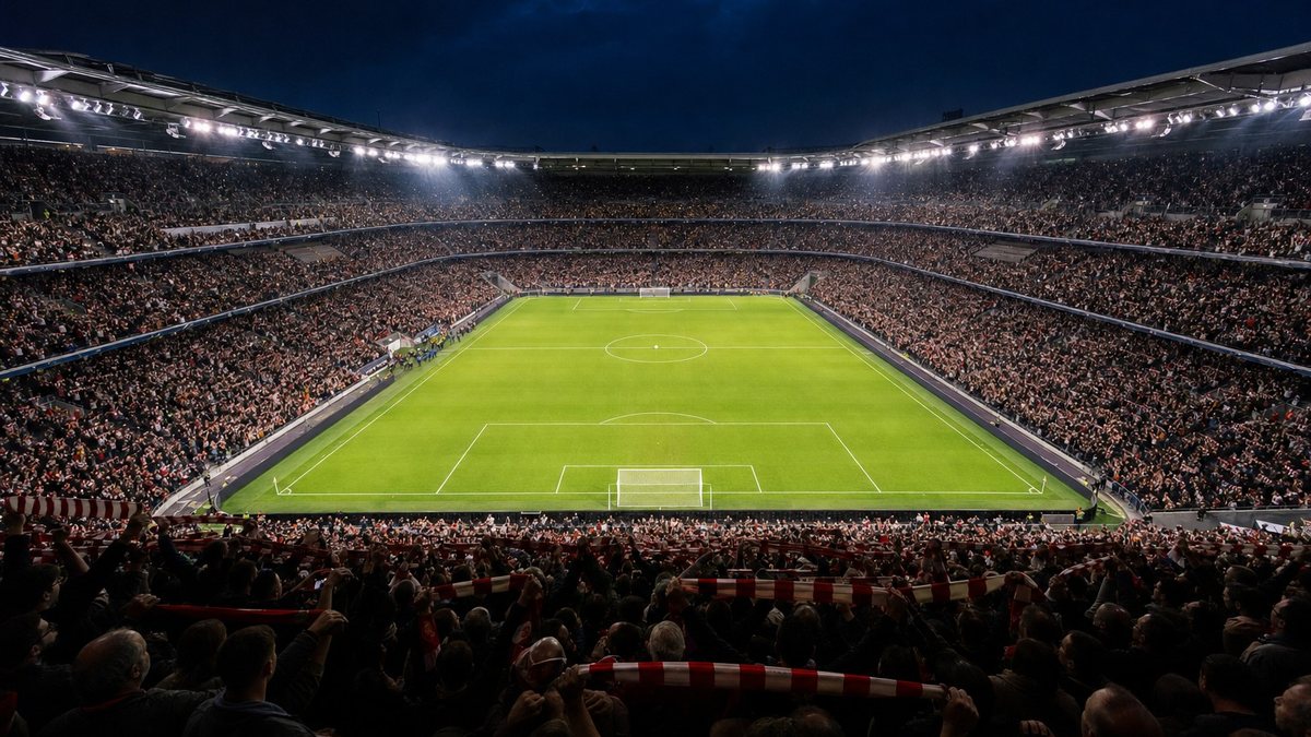 Estadio de fútbol lleno en una noche europea visto desde la grada alta, con el césped iluminado y un balón en el círculo central