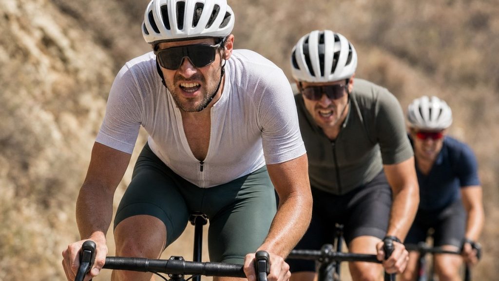 Tres ciclistas atacan de frente una rampa en una carretera de sierra bajo el sol