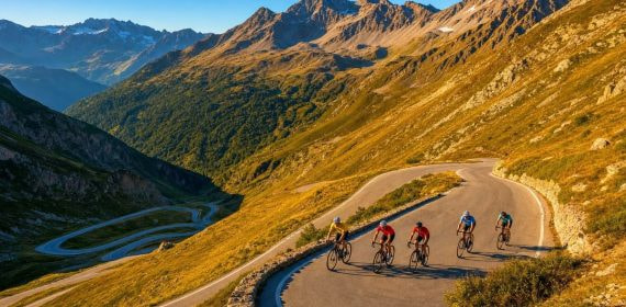 Un grupo de ciclistas asciende una curva de herradura de un puerto de montaña bajo la luz de la tarde