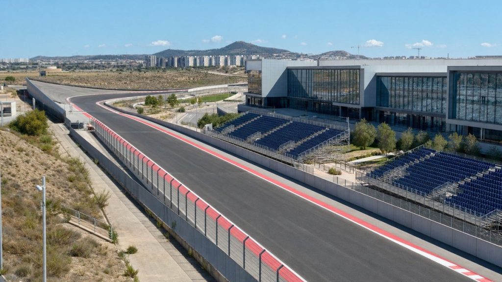 Recta de un circuito urbano de Fórmula 1 junto a un recinto ferial, con gradas vacías