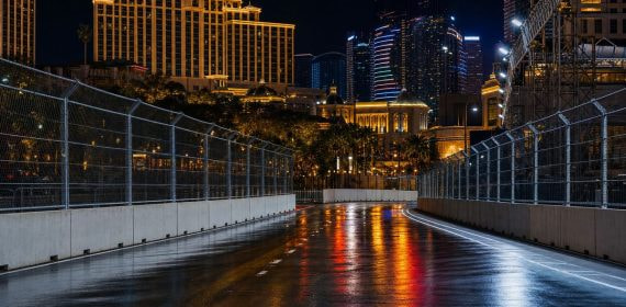 Circuito urbano nocturno entre hoteles con el asfalto húmedo reflejando las luces