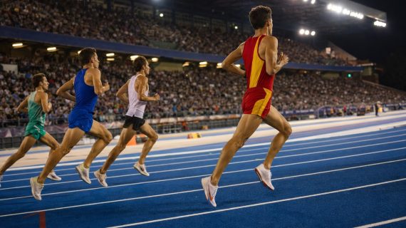 Un mediofondista con equipación roja y amarilla encabeza el grupo en la recta de meta de un estadio de atletismo iluminado