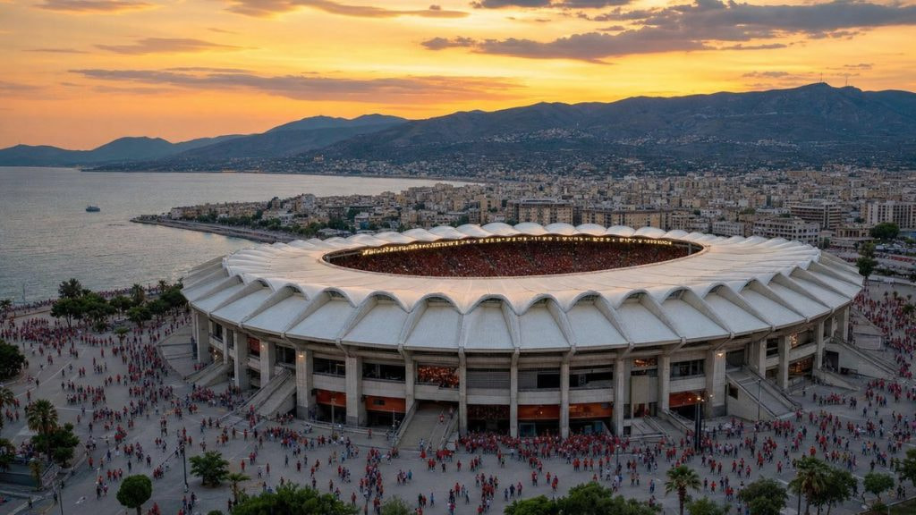 Estadio mediterráneo con cubierta blanca en forma de concha al atardecer, con aficionados camino de la entrada