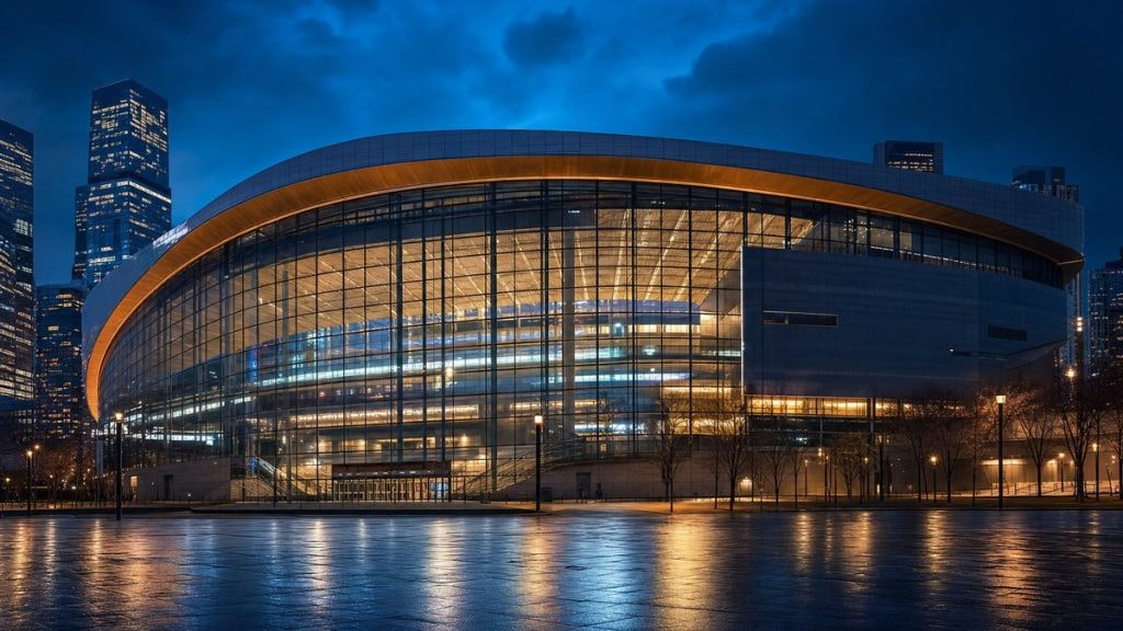 Exterior de un pabellón deportivo moderno iluminado al anochecer con la ciudad al fondo