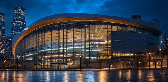 Exterior de un pabellón deportivo moderno iluminado al anochecer con la ciudad al fondo
