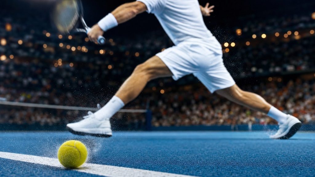 Un tenista golpea de derecha junto a la línea de fondo mientras la pelota bota sobre la cal