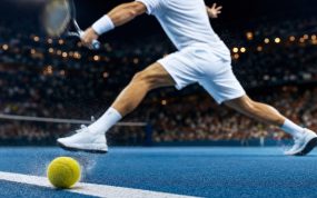 Un tenista golpea de derecha junto a la línea de fondo mientras la pelota bota sobre la cal