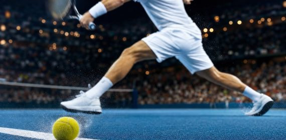 Un tenista golpea de derecha junto a la línea de fondo mientras la pelota bota sobre la cal