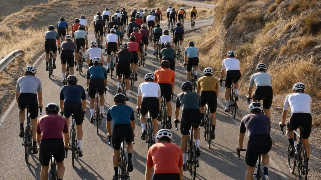 Pelotón ciclista subiendo una carretera de montaña seca del sureste español