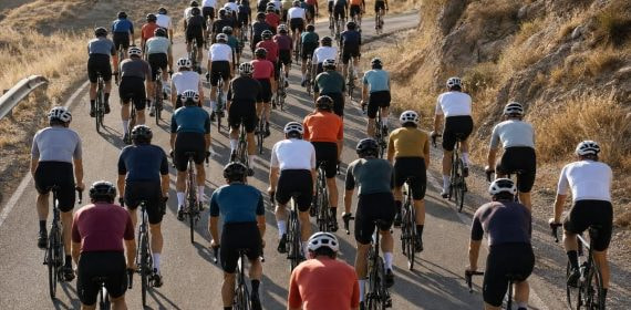 Pelotón ciclista subiendo una carretera de montaña seca del sureste español
