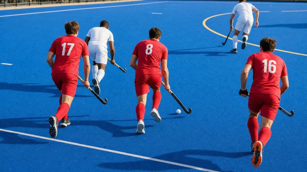 Jugadores de hockey hierba conducen la bola hacia el área sobre un campo de hierba artificial azul