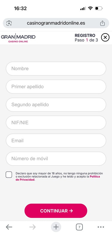 Primer paso del formulario de registro de Gran Madrid Casino Online para crear una cuenta en el operador.