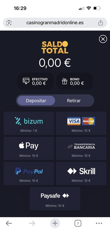 Métodos de depósito disponibles en este operador, que forma parte de los casinos online en España con licencia.