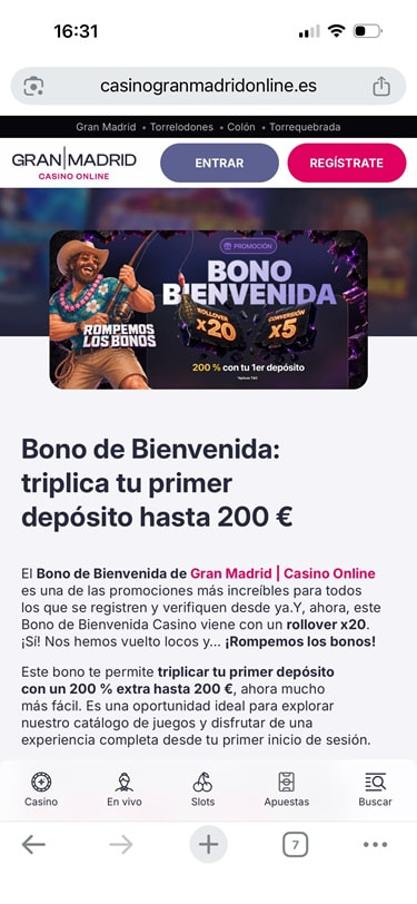 Bono de bienvenida de Gran Madrid Casino Online, una promoción habitual en los mejores casinos online españoles.