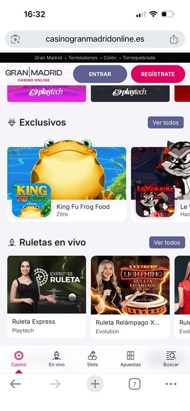 Catálogo móvil de juegos de casino online de Gran Madrid con tragaperras, títulos exclusivos y ruletas en vivo.