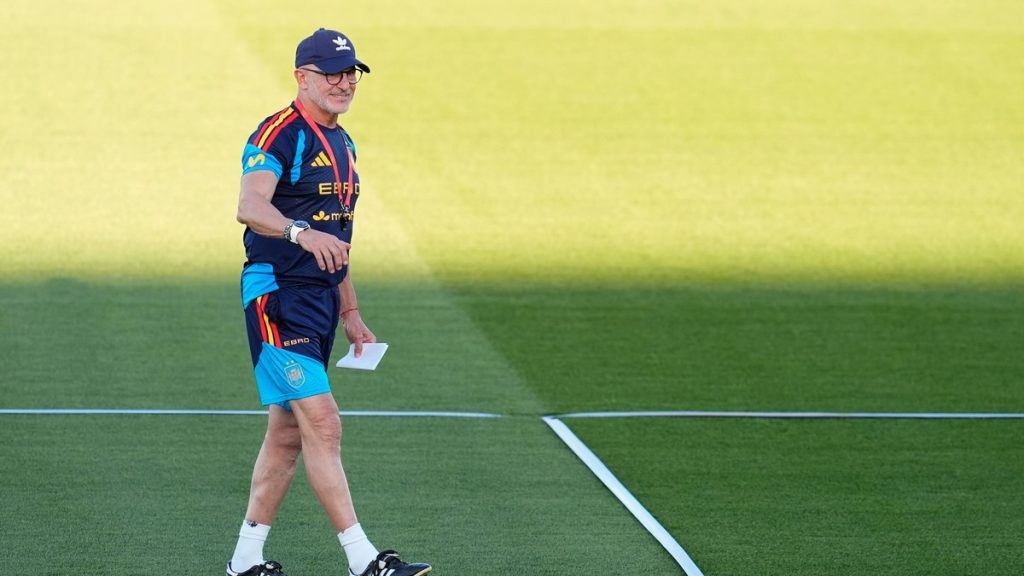 Luis de la Fuente, con gorra y ropa de entrenamiento de la selección, camina sonriente sobre el césped con un papel en la mano