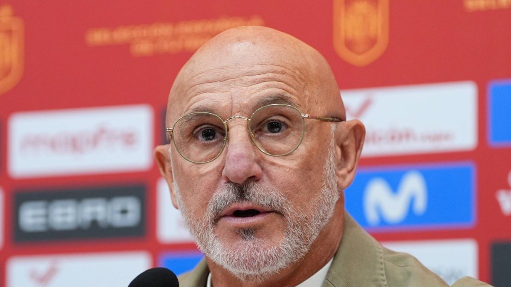 Luis de la Fuente, con gafas y chaqueta beis, habla ante el micrófono delante del panel de patrocinadores de la selección