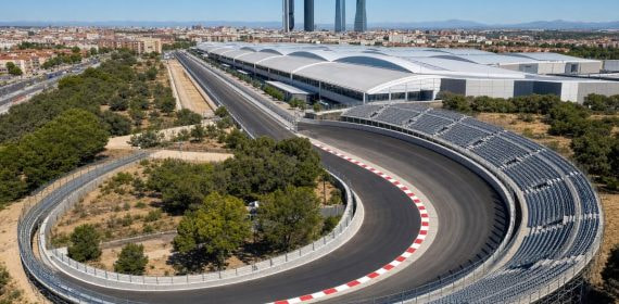 Recreación de la curva peraltada del circuito del Madring con el perfil de Madrid al fondo