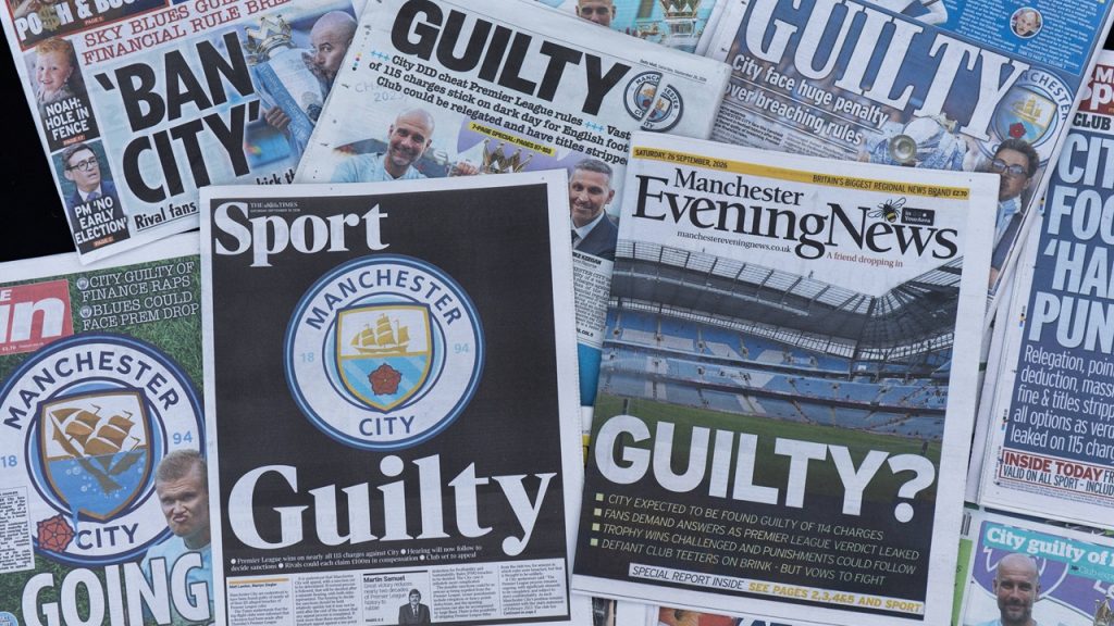 Varias portadas de periódicos de la prensa inglesa informando sobre la culpabilidad del Manchester City en el caso de las irregularidades financieras.