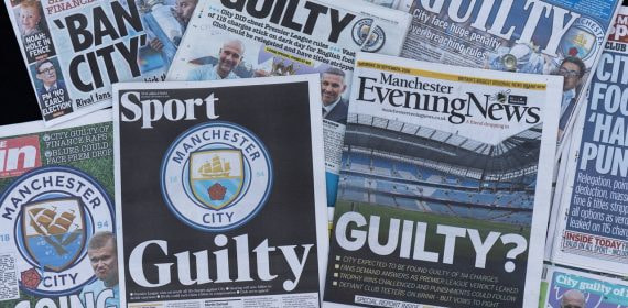 Varias portadas de periódicos de la prensa inglesa informando sobre la culpabilidad del Manchester City en el caso de las irregularidades financieras.