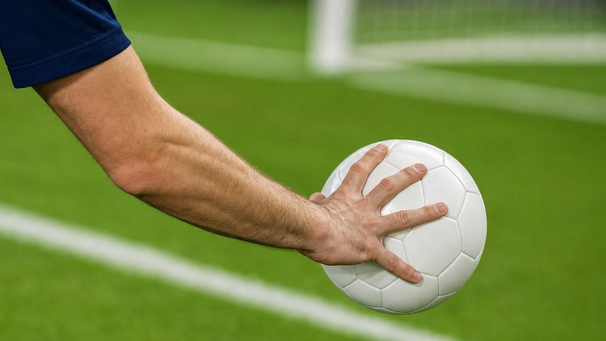 La mano abierta de un jugador en contacto con el balón dentro del área, con la portería al fondo
