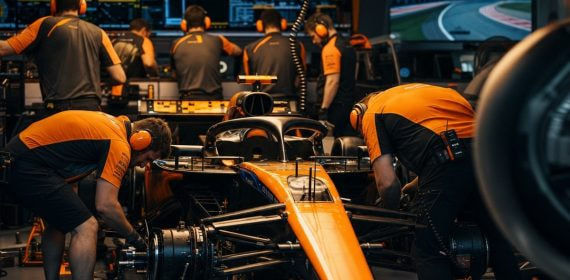 Mecánicos trabajan sobre un monoplaza en el box de un equipo de Fórmula 1