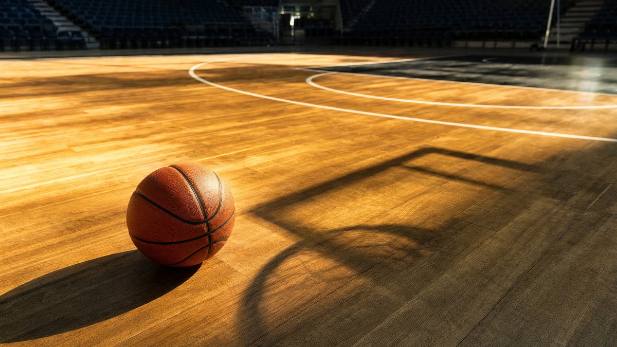 Un balón de baloncesto sobre el parqué de un pabellón vacío, con las líneas de la pista y la sombra de la canasta