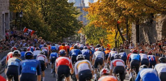 Un pelotón de ciclistas sube una cuesta arbolada entre dos filas de aficionados apoyados en las vallas