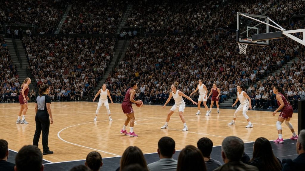 Pabellón lleno durante un partido de baloncesto femenino visto desde una esquina de la pista