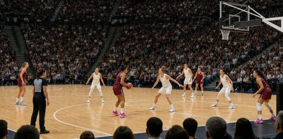 Pabellón lleno durante un partido de baloncesto femenino visto desde una esquina de la pista