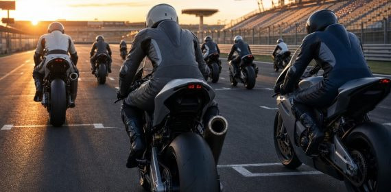 Motos de competición alineadas en la parrilla de salida de un circuito al atardecer
