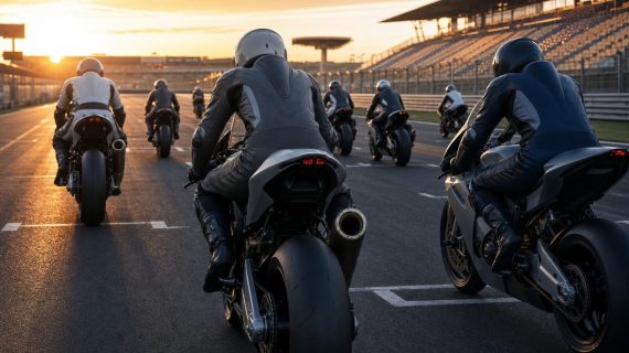 Motos de competición alineadas en la parrilla de salida de un circuito al atardecer