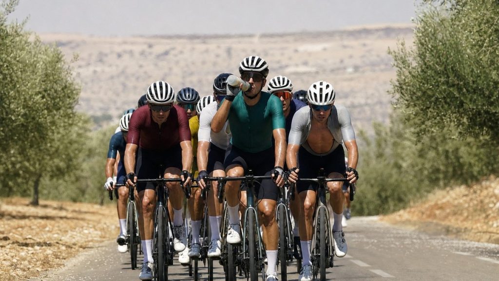 Un pelotón de ciclistas rueda de frente entre olivares resecos bajo un sol de mediodía mientras uno de ellos bebe de su bidón
