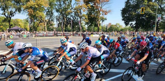 El pelotón rueda agrupado por una avenida arbolada durante una carrera ciclista