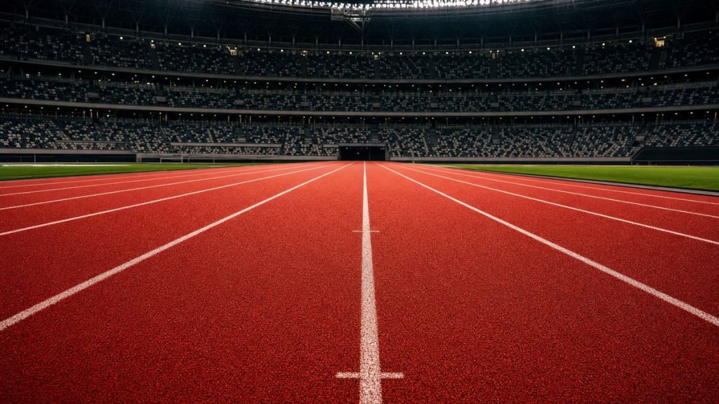 Pista de atletismo de tartán roja y vacía con las calles marcadas en blanco bajo los focos