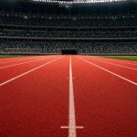 Pista de atletismo de tartán roja y vacía con las calles marcadas en blanco bajo los focos
