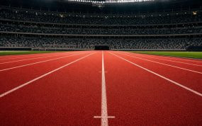 Pista de atletismo de tartán roja y vacía con las calles marcadas en blanco bajo los focos