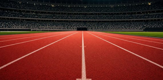 Pista de atletismo de tartán roja y vacía con las calles marcadas en blanco bajo los focos