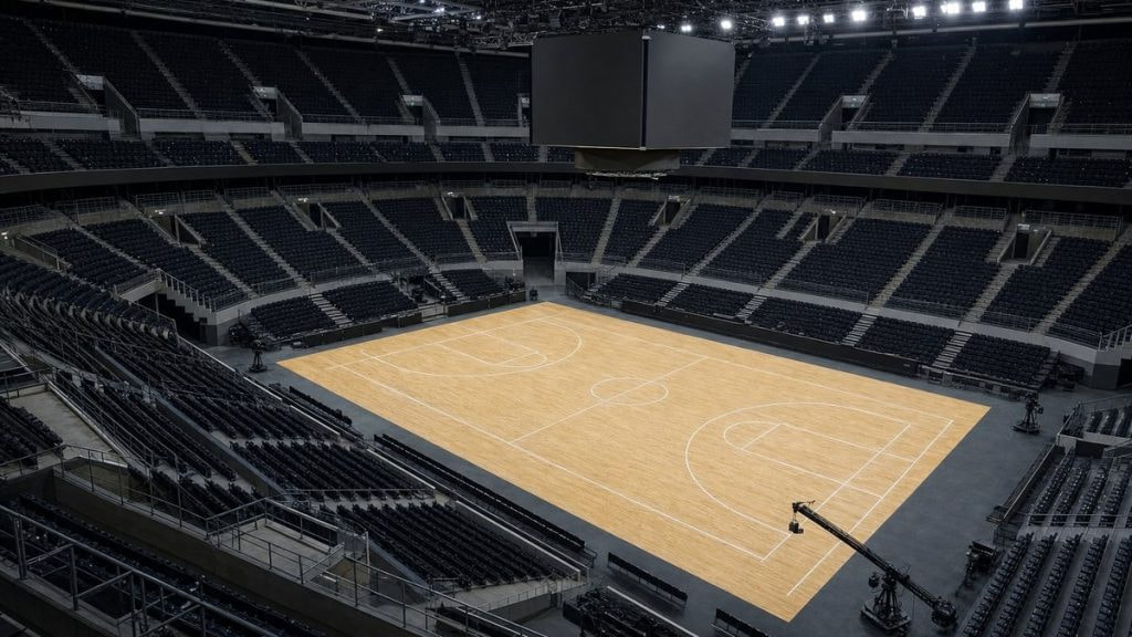 Pista de baloncesto vacía de un pabellón moderno vista desde la esquina alta del graderío