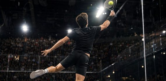 Un jugador de pádel, de espaldas y en el aire, estira el brazo para rematar la bola ante una grada llena