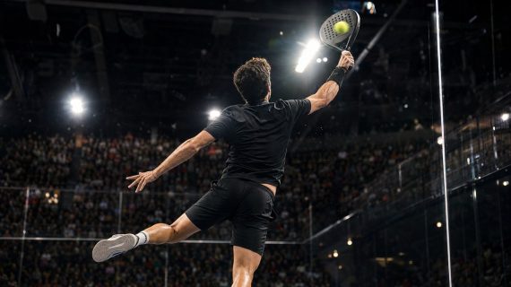 Un jugador de pádel, de espaldas y en el aire, estira el brazo para rematar la bola ante una grada llena