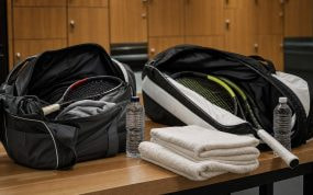 Banco vacío de un vestuario de tenistas con bolsas de raquetas y toallas