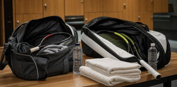 Banco vacío de un vestuario de tenistas con bolsas de raquetas y toallas